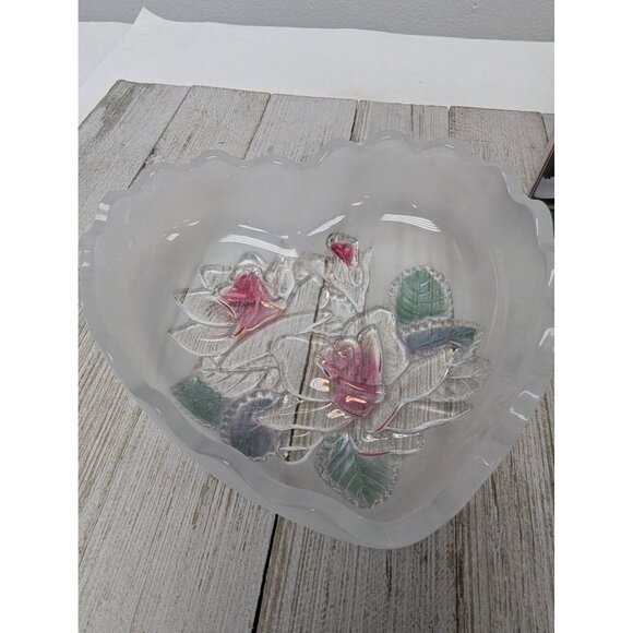 STUDIO NOVA Heart Shaped Trinket Box Dish Bowl 3D Emboss Glass Frosted Pink Rose - Picture 5 of 7